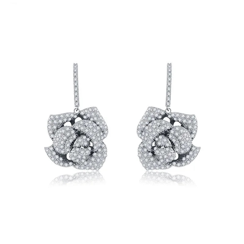 LUOTEEMI Luxury Jewelry White Gold Plated 3A Grade Cubic Zircon Big Rose Flower Exaggerated CZ Wedding Drop Earrings Fashion