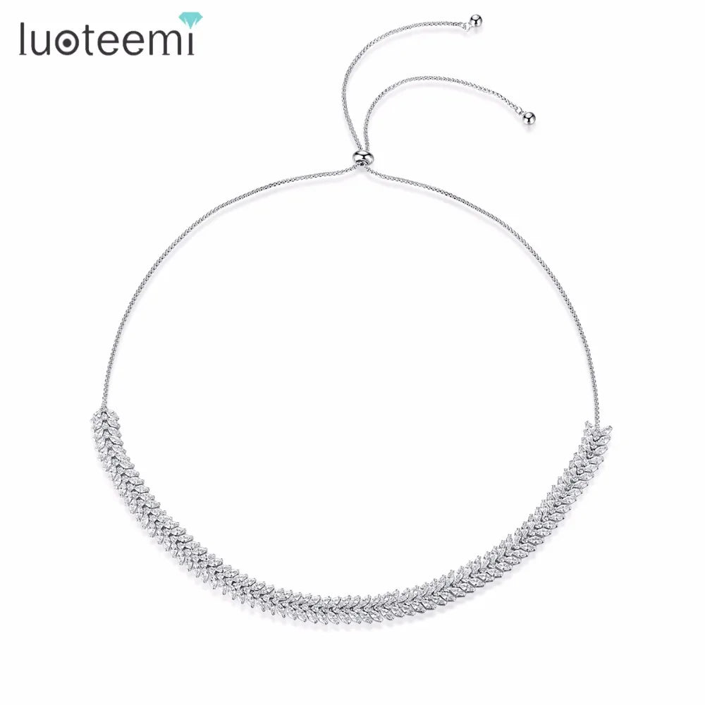 LUOTEEMI Silver Tone Adjustable Slide Marquise Cut Clear Cubic Zirconia Leaf Tennis Choker Necklaces for Women Wedding Chokers