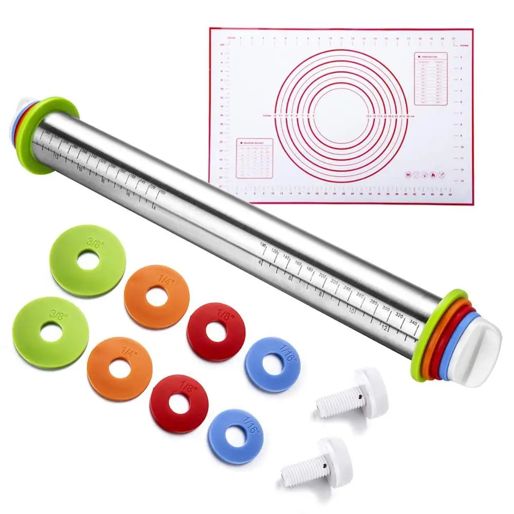 High Quality Stainless Steel Adjustable Rolling Pin with Silicone Dough Mat Durable Product for Pastry & Bakery Use