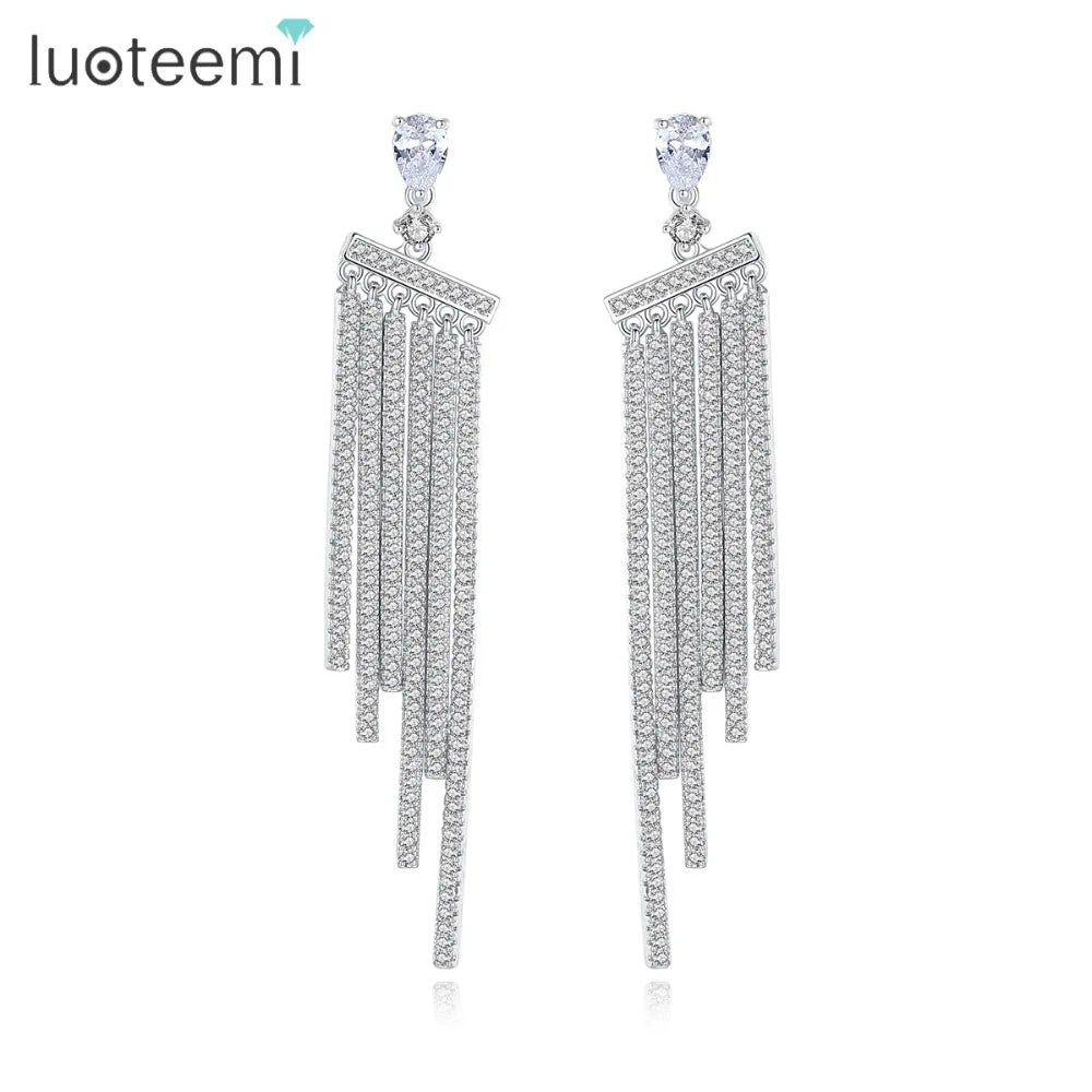 LUOTEEMI Luxury New Stock Women Cubic Zirconia Crystal Wedding Tassel Drop Earrings Silver-Tone Earrings Jewelry for Girls Gift