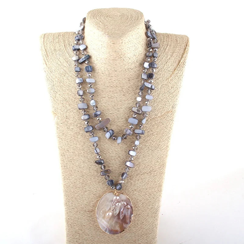 Fashion Women Lariat Irregular Shell Crystal Glass Beads Necklace Knotted Long Natural Shell Pendant Necklace