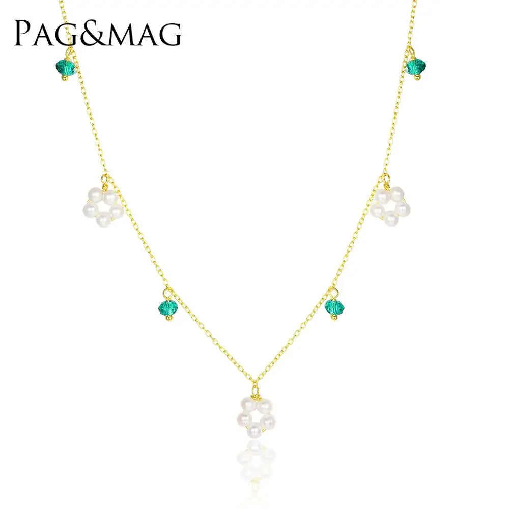PAG&MAG 925 Sterling Silver Choker Freshwater Beaded Crystal Charm Statement Necklace
