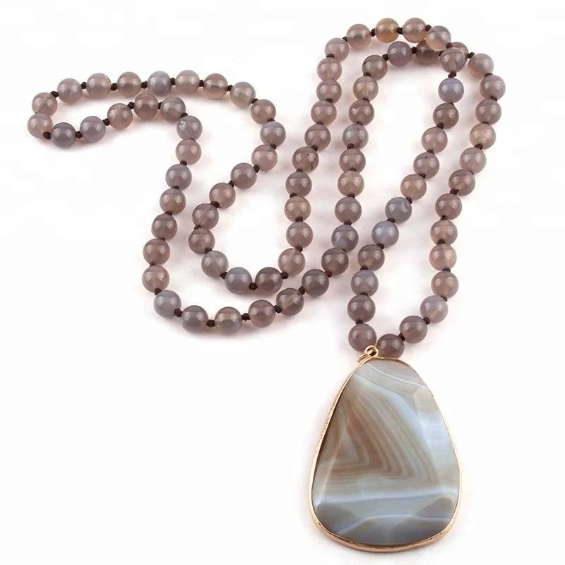 Women  Bohemian Tribal Jewelry 8mm Natural Precious Stone Necklace Knotted Drop Stone Pendant Necklace