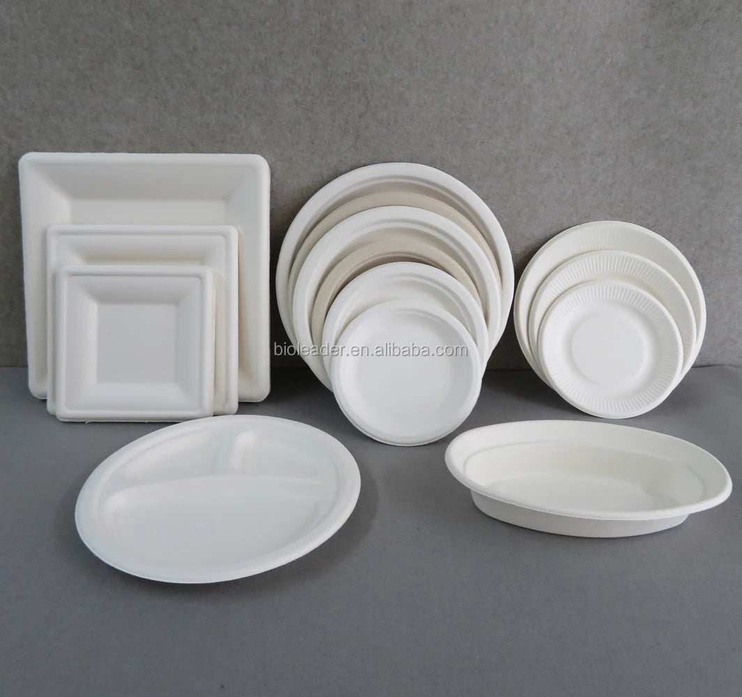 Sugarcane Bagasse 6-12 Inch Eco Biodegradable Food Grade Disposable Plate Blue-and-white Plant Pattern Bioleader Brand CE