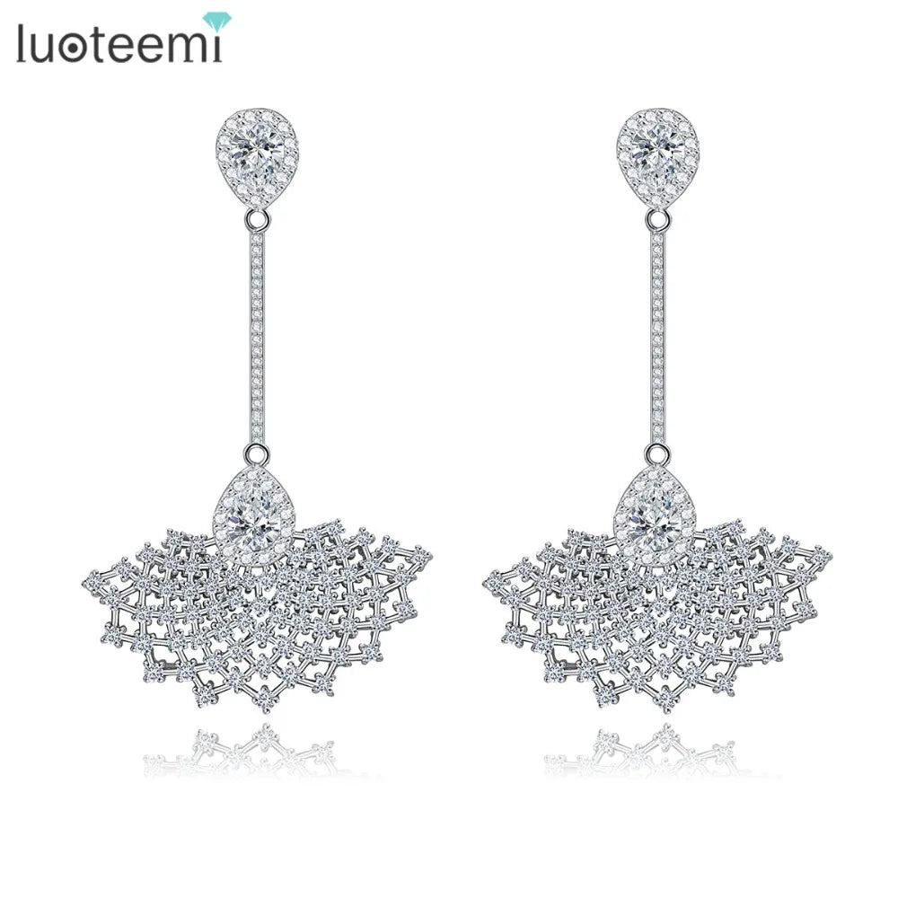 LUOTEEMI Wholesale Platinum Plated Brass Fashion Fan Pendant Drop Long Earrings for Women Cubic Zirconia Wedding Jewelry