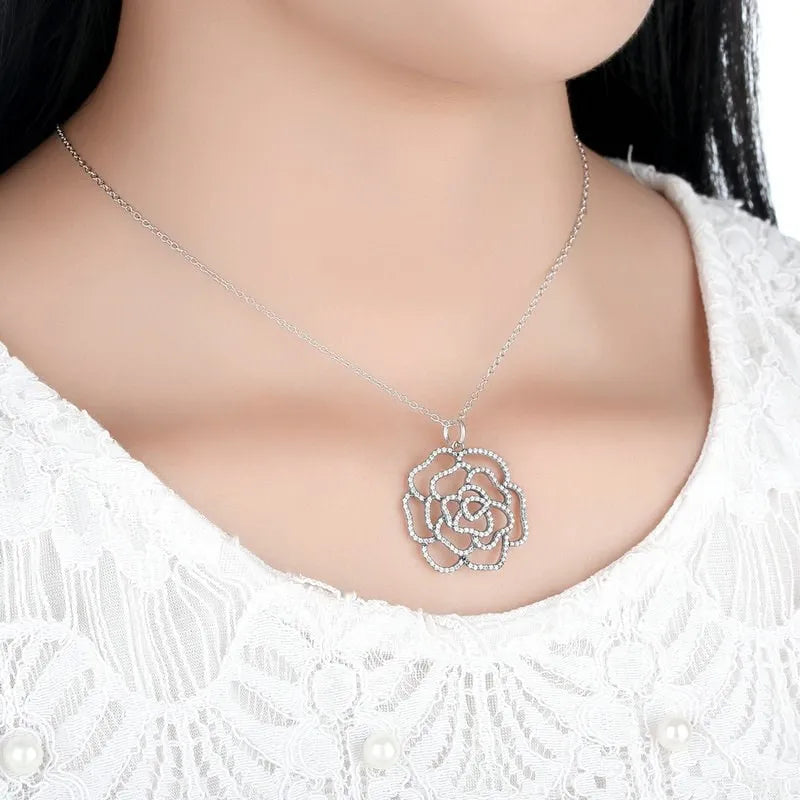 Luxury 925 Sterling Silver Rose Pendant Necklace Elegant Statement Jewelry for Women Valentine's Day Gift