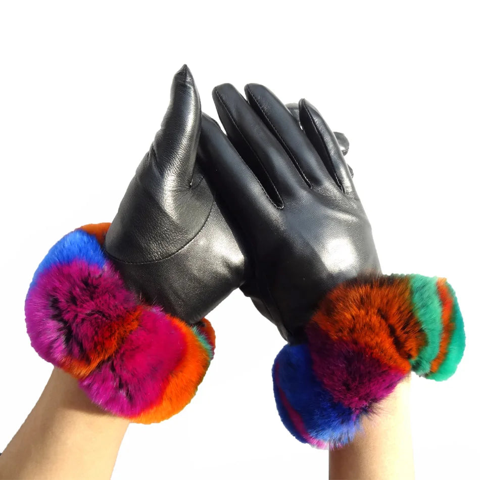 Sample Support Custom Winter Fashion Driving Gloves Real Rabbit Fur Sheepskin Leather Plush Fox Fur Cuffs Manufacturer Wool