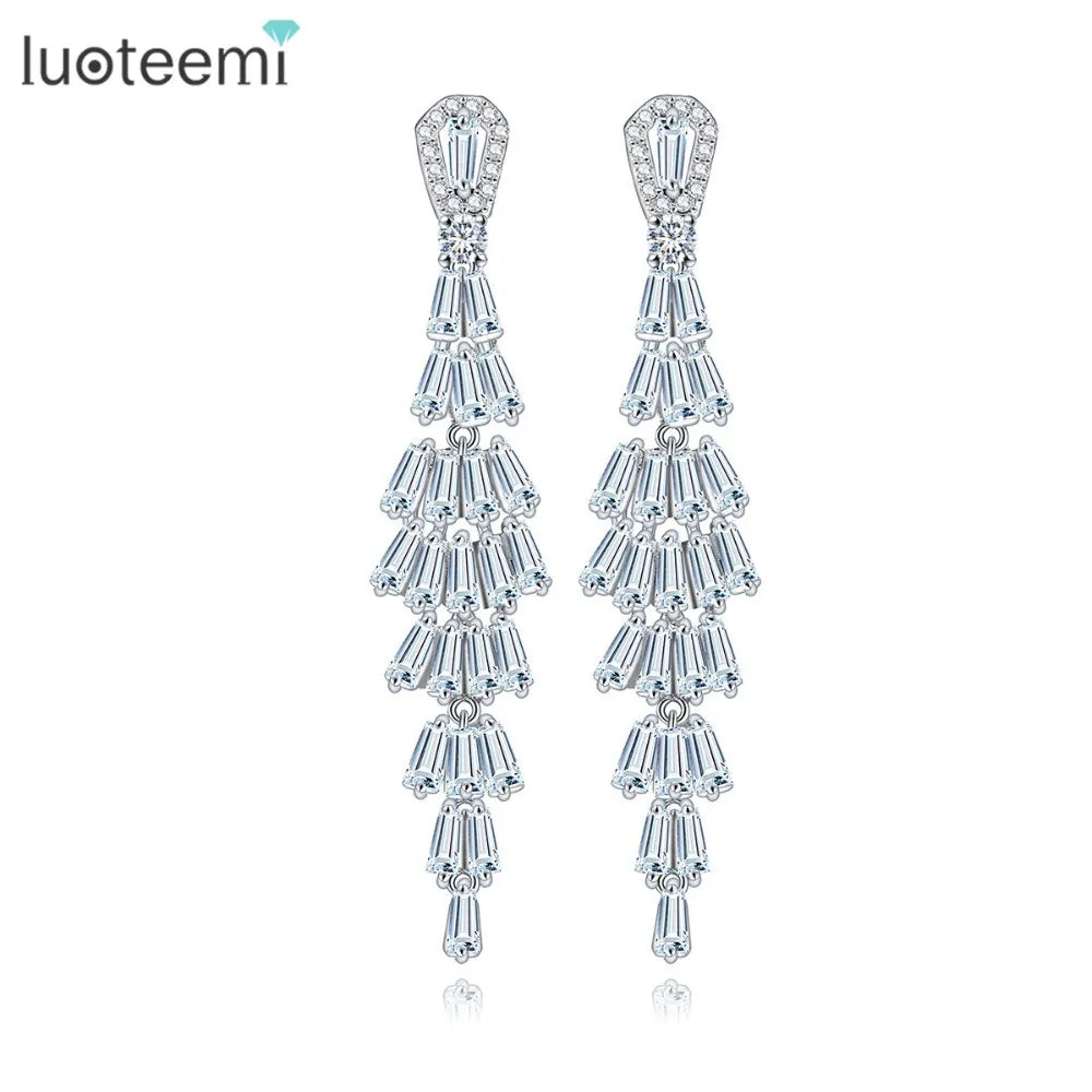 LUOTEEMI White Gold Plated Bridal New Luxury Clear Cubic Zirconia African Statement Drop Dangle Earrings
