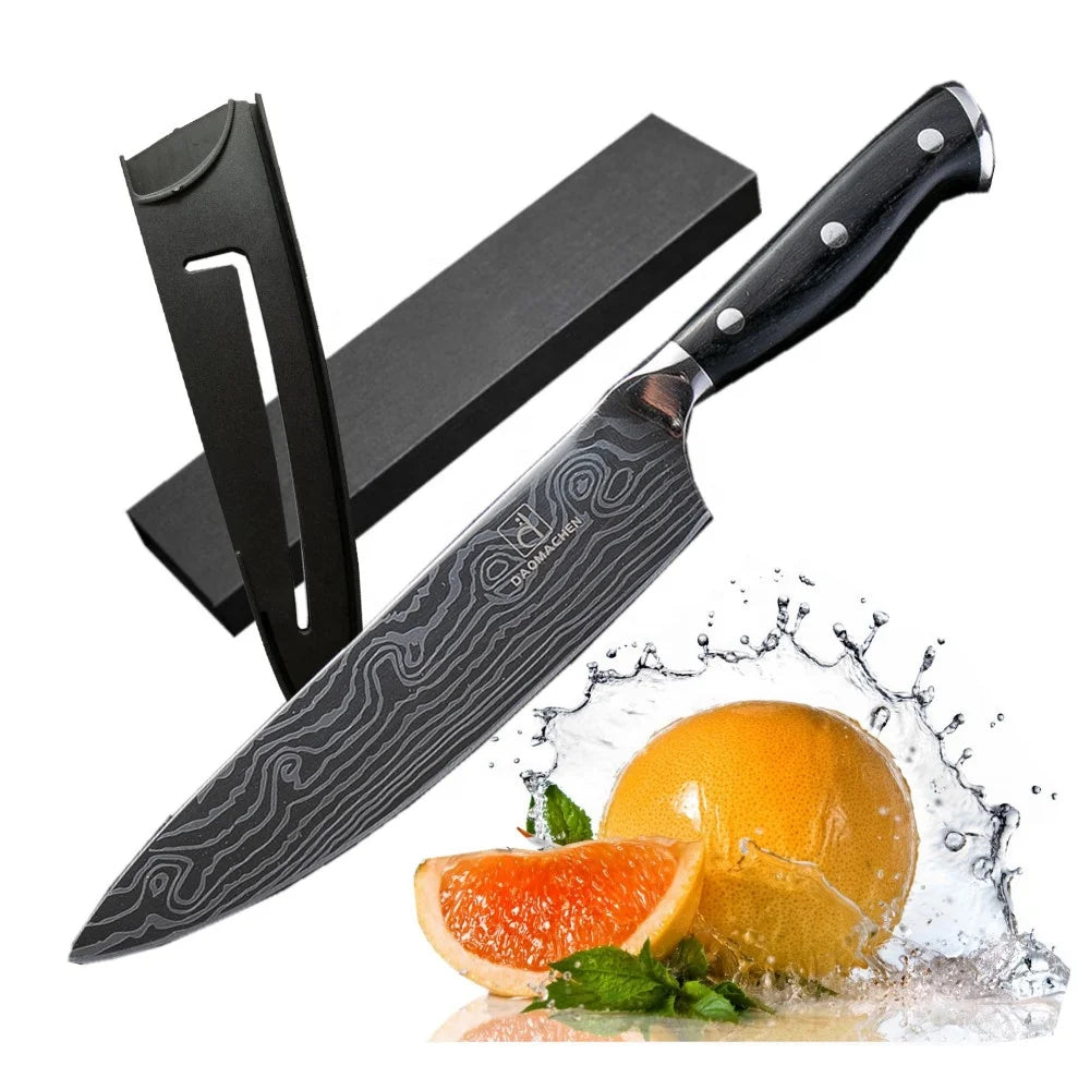 Hot Sale 8 Inch Damascus Pattern Stainless Steel Chef Butcher Knife with Wood Handle Japanese Style Eco-Friendly