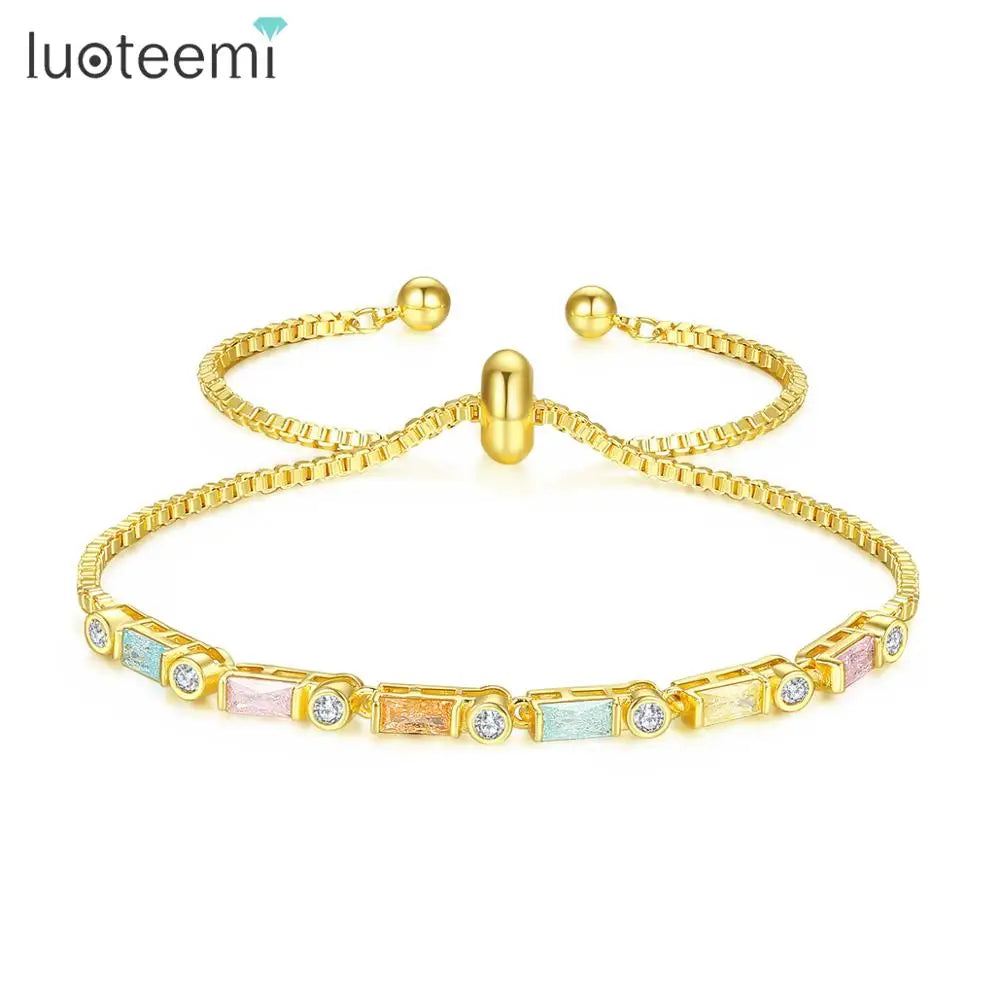 LUOTEEMI Rainbow Zircon Women'S Tennis Chain Bracelet  Lucky Charm Ice CZ Stone Chain Bracelet for Girls
