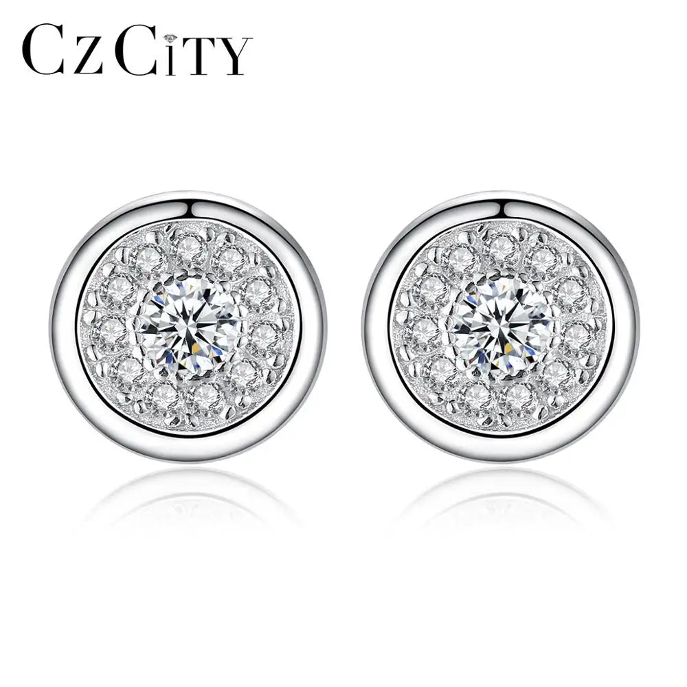 CZCITY Classic CZ Pave New Mode Earrings 925 Silver Women Fine Jewelry Round Tiny CZ Earring