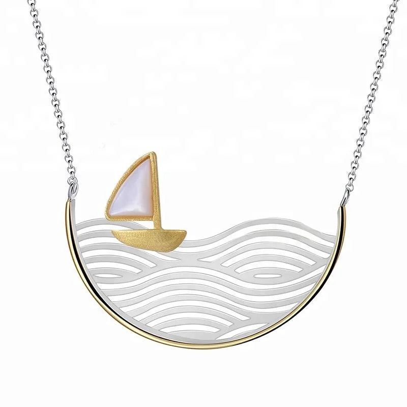 Lotus Fun China Low Price Custom 18K Gold 925 Sterling Silver  Moving Sailboat Handmade Necklace Fine Jewelry for Women