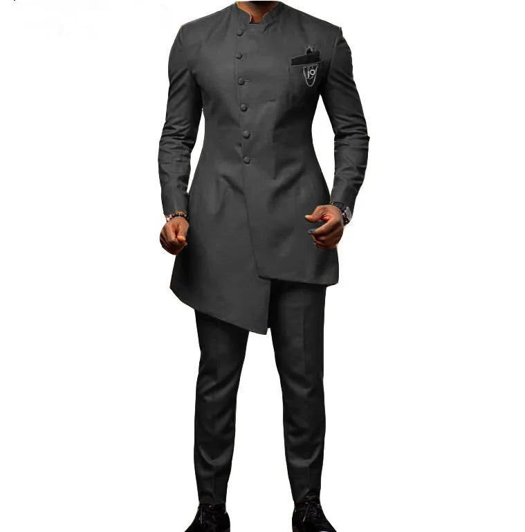 Men's Dark Gray Two-Piece Long Coat + Pants Chinese Style for Business All Year ZYL106