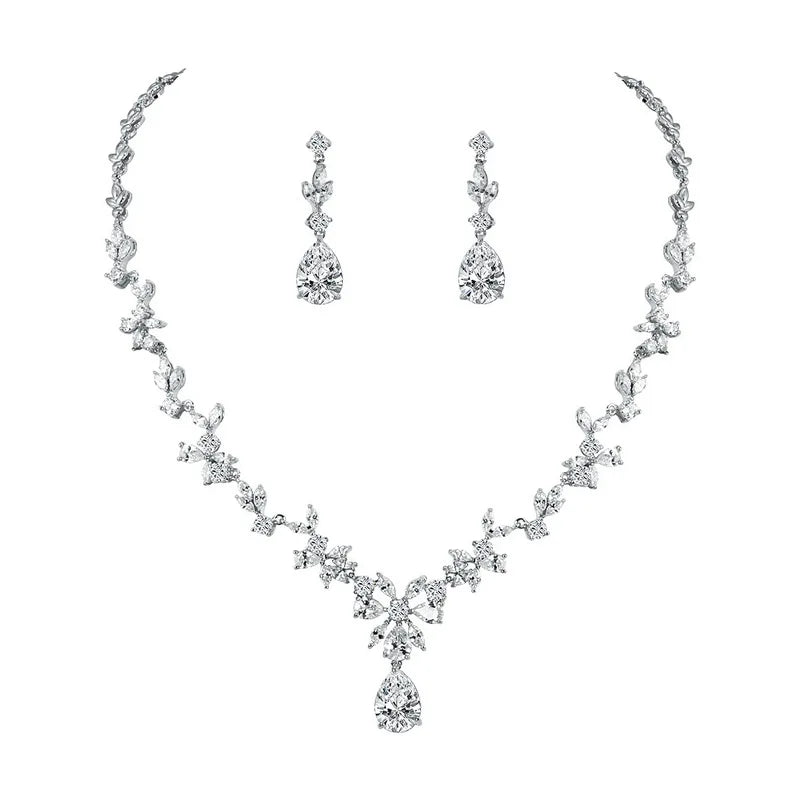 Weiman Fashion Shiny Teardrop and Floral Cubic Zirconia CZ Zircon Crystal Necklace and Drop Earring Wedding Jewelry Set