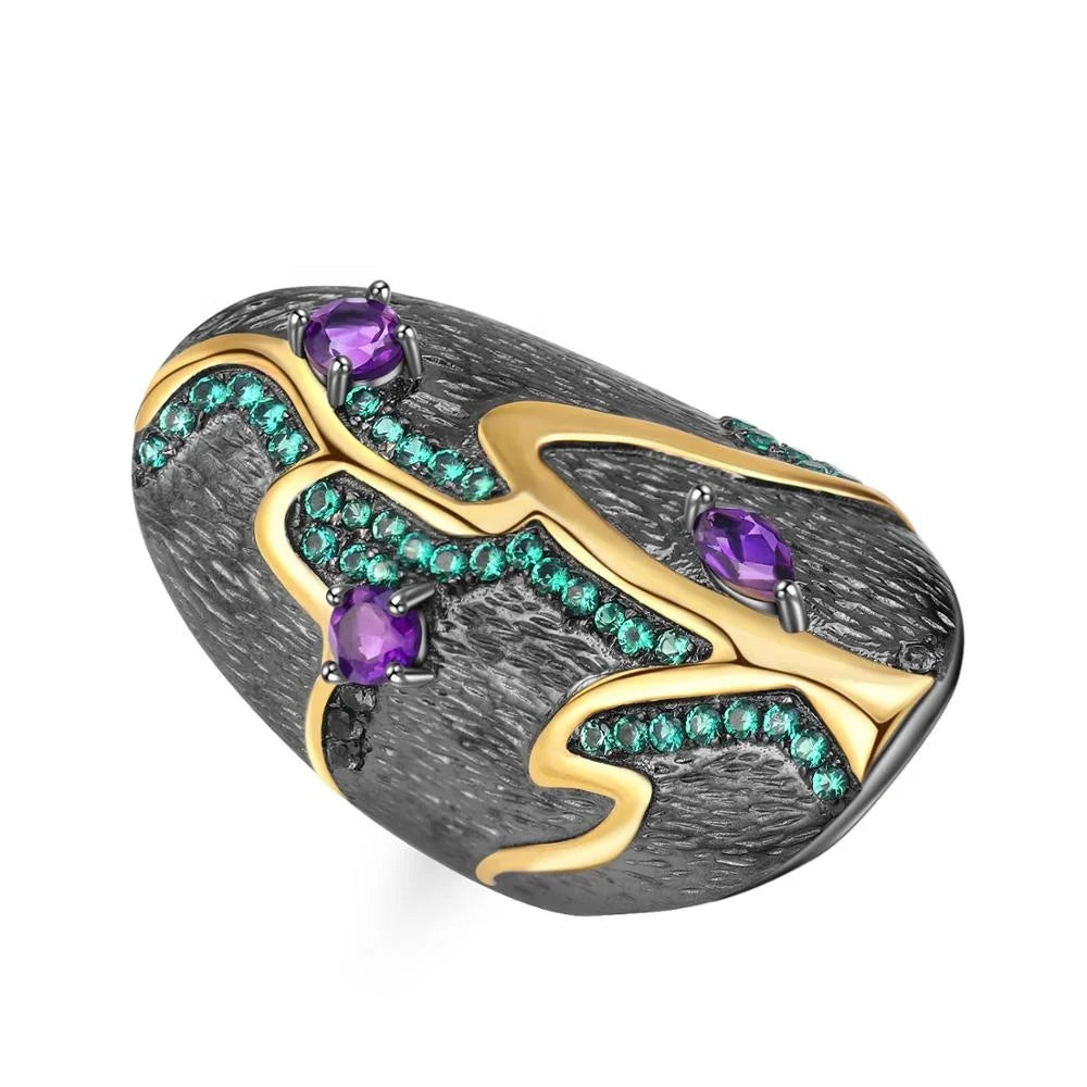 Abiding Natural Gemstone Amethyst Gold Plated Handmade Fashion 925 Sterling Silver Ring Jewelry