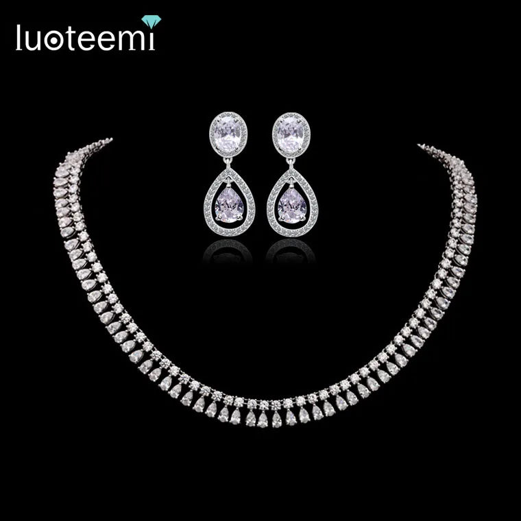 LUOTEEMI Luxurious a AA Zircon Stone White Rhodium Gold Plated Bridal Wedding Earring Necklace Jewelry Sets