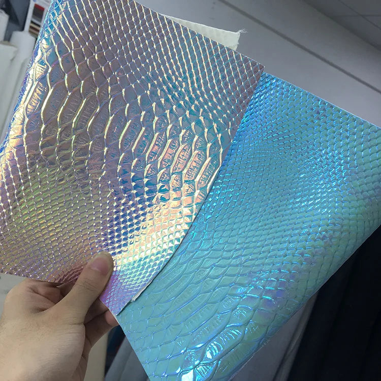 Embossing rainbow  Snake Pattern Holographic  Leather Fabric  for Bags and Shoes