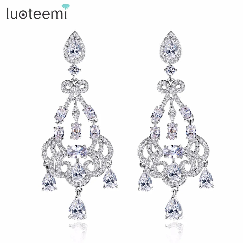 LUOTEEMI Long Drop Earrings Bride Silver Color Crystal Rhinestone Wedding Engagement Hanging Earrings Jewelry