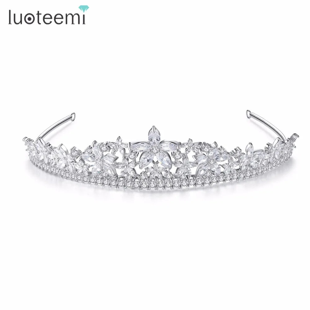 LUOTEEMI Hot Sale 2018 Bling Bling Flower Shape Hair Accessories With a AA CZ Crown Tiara for Women Wedding Jewelry