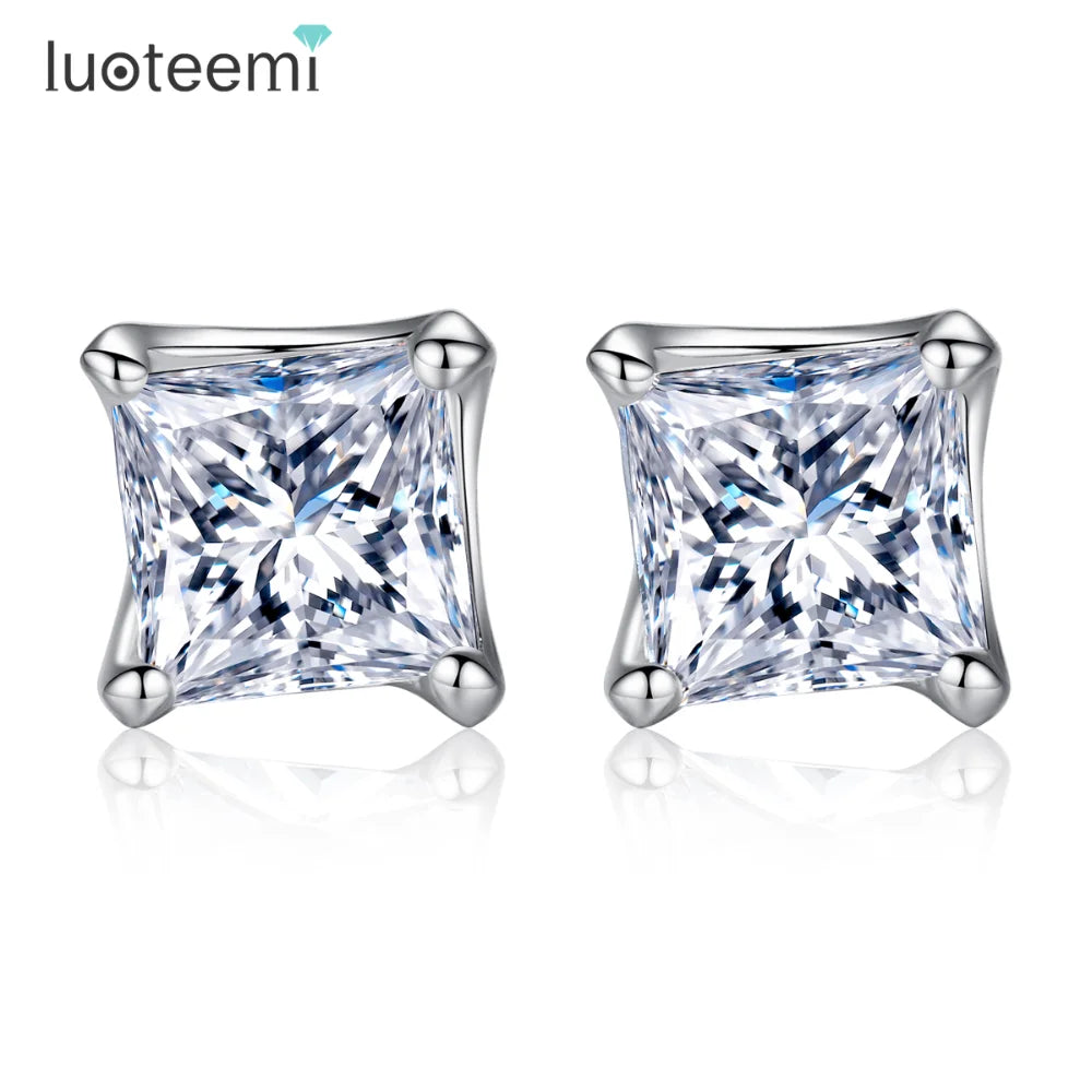 LUOTEEMI Brand Simple Square Cubic Zirconia Daily Work Lady Small 925 Silver Earrings Engagement Stud Earrings for Women