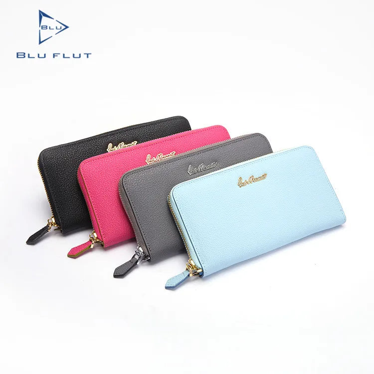 Genuine Leather Anti-Theft Zipper Long Women's Clutch Wallet with Polyester Lining Lady Evening Bag RFID Blocking Large Capacity