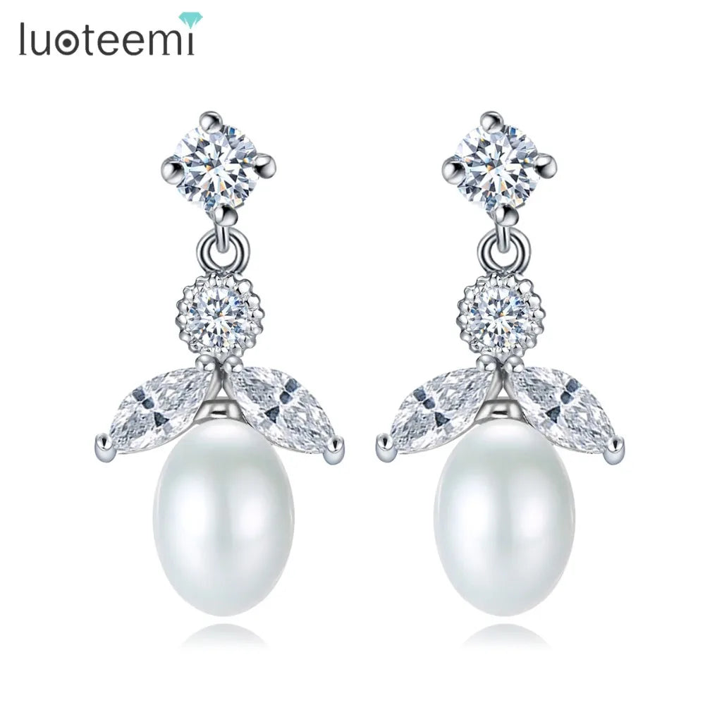 LUOTEEMI Quality Hot New Wedding Bridal White CZ Cultured Freshwater Pearl Stud Earrings