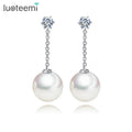LUOTEEMI Wholesale White Gold Plated Simple Design Elegant Women White Round Pearl Pendant Chandelier Earrings