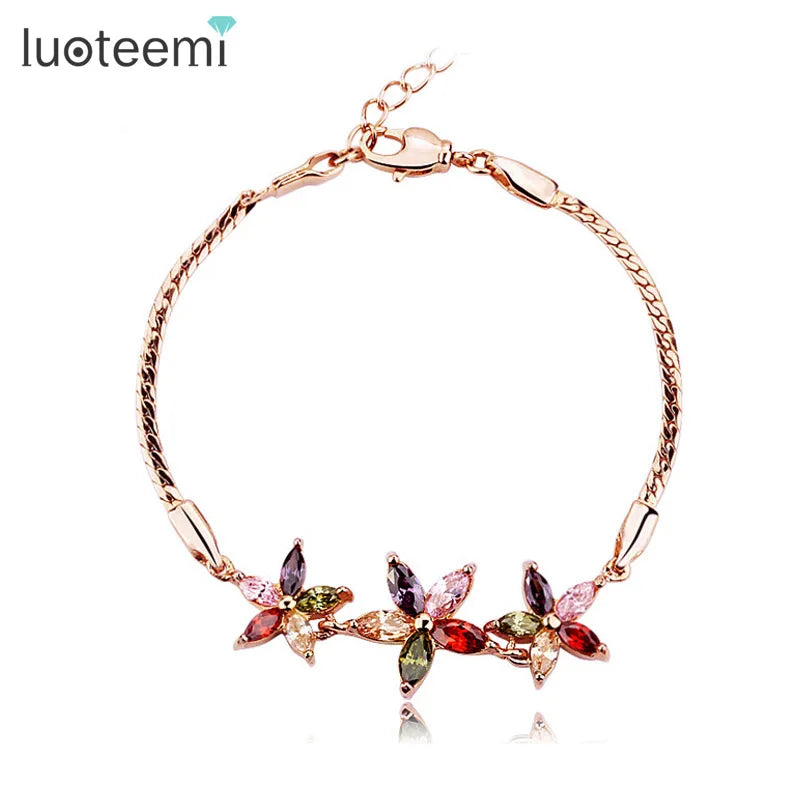 LUOTEEMI Wholesale Cheap Fashion Rose Gold Plated Multicolor a AA Cubic Zirconia Summer Flower Bracelet for Women