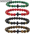 Custom Unisex Men 8mm Natural Lava Stone Beads Cross Bracelet