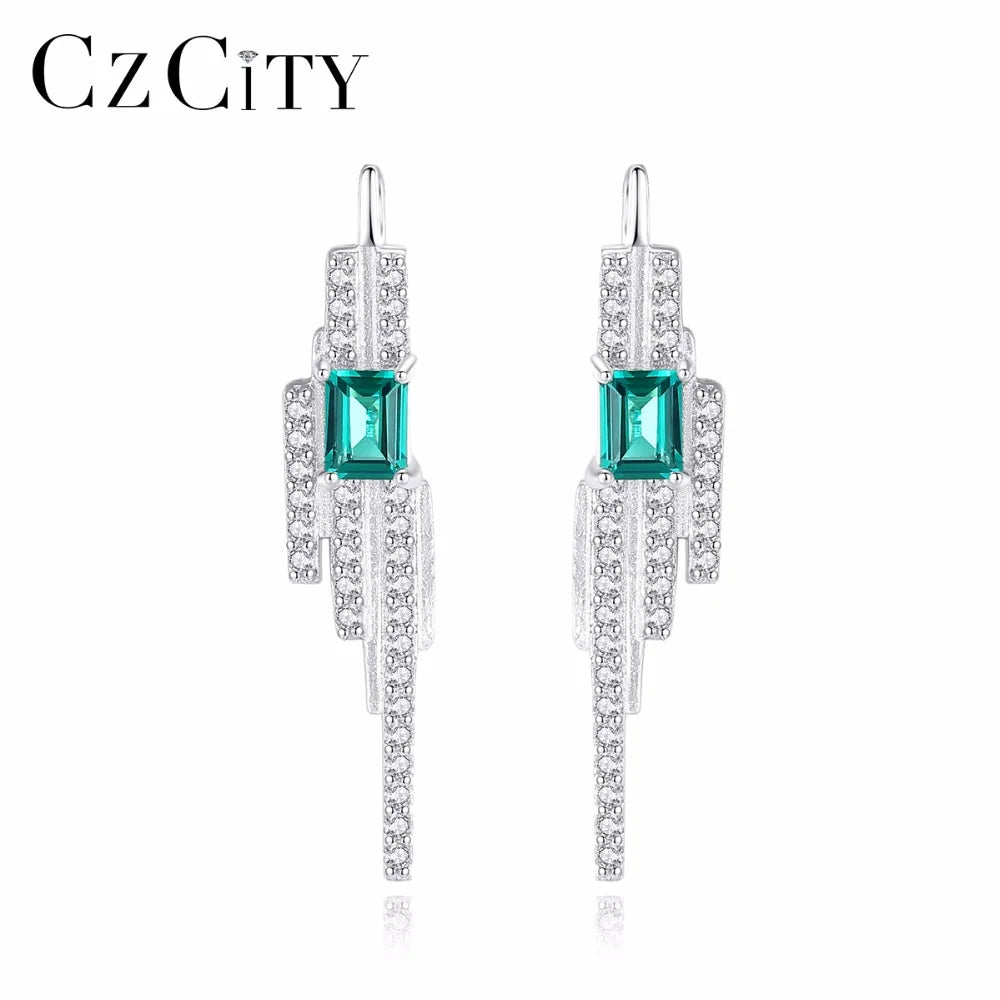 CZCITY Real Diamond Wedding Earrings Women Square Natural Stone Earrings GreenTopaz 925 Silver Jewelry Female Gift