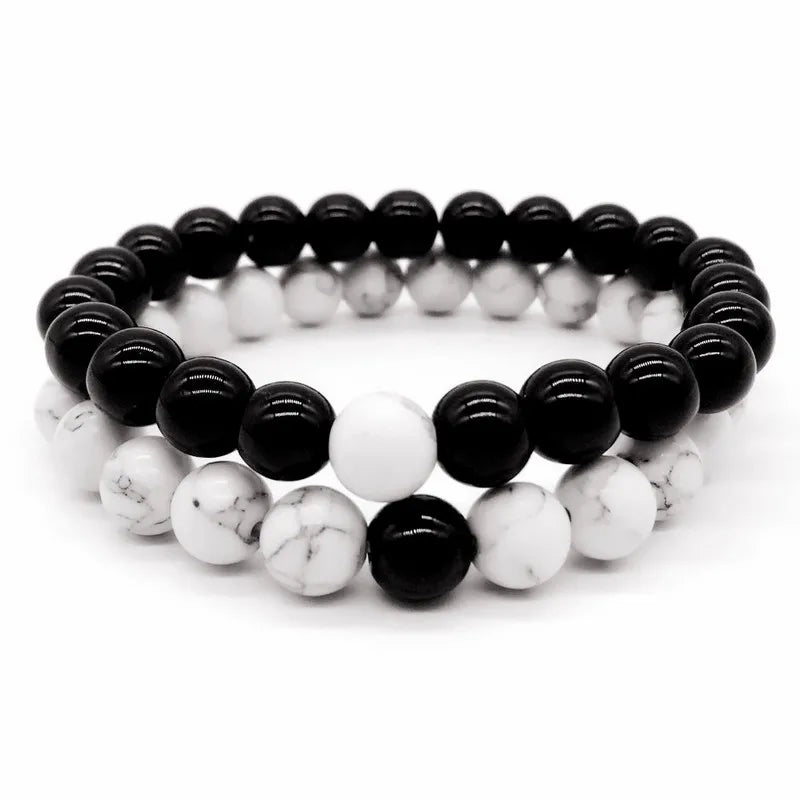 Couples Distance Lovers Set Jewelry Lava White Howlite Matte Black Onyx Charm Beaded Bracelet