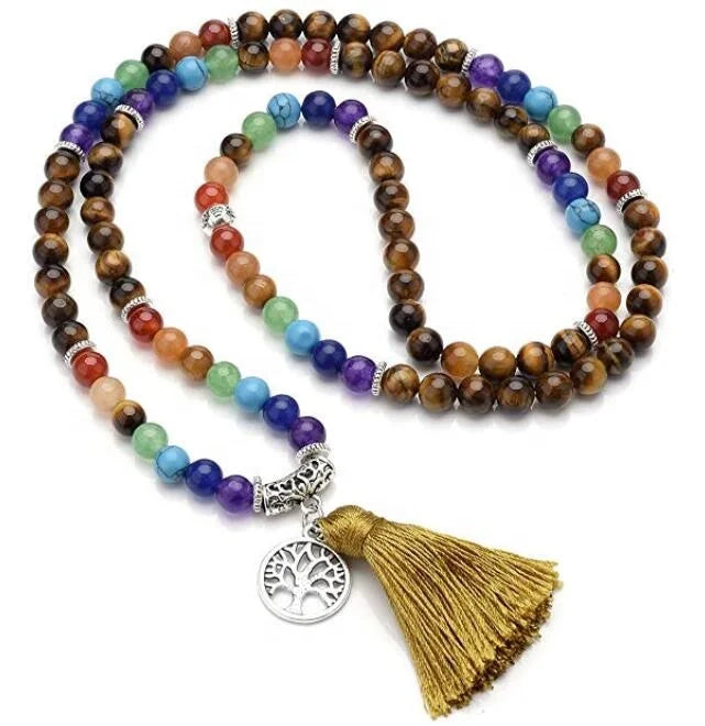 Natural 6mm Tiger Eye 7 Chakra Mala Prayer Beads 108 Meditation Healing Bracelet/Necklace With Tree of Life Tassel Charm