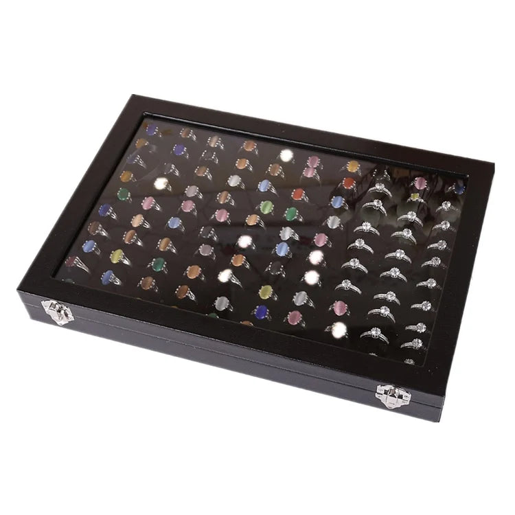 Clear View Glass Lid Black 100 Slots Rings Storage Organizer Case Boxes