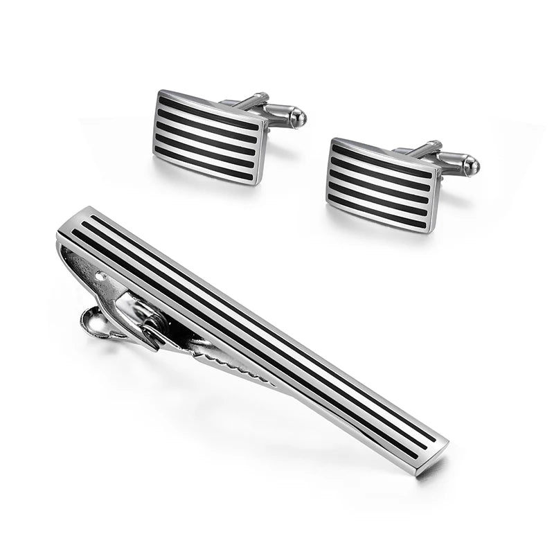 Daili High Quality Brass Men's Accessories Set Black/Silver Fashion Design Cufflinks Tie Clip for Wedding Engagement Party