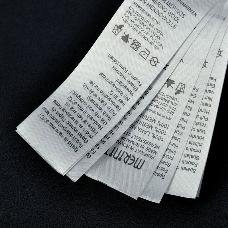 Waterproof Printed Logo Clothing White/Black Elegant Satin Care Labels Tags With Wash Instruction