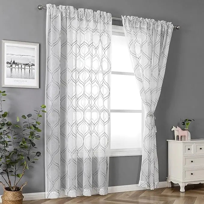 Modern Moroccan Embroidered Trellis White Sheer Curtains Damask Textured Rod Pocket Voile Tulle Semi Window Treatments Rope