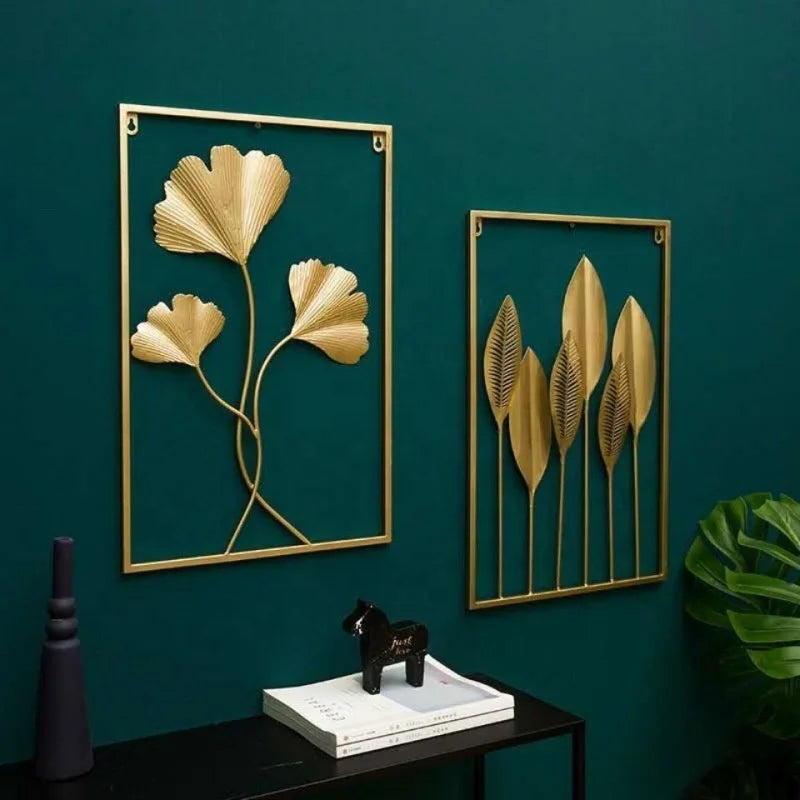 Macrame Wall Hanging Decor Metal Round Gold Ginkgo Leaf Wall Stickers Decoration Decorative Wall Ledges