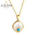 Ason Fashion Gold Color Square Charm Gift Jewelry Necklace Stainless Steel Blue Pine Stones Sun Pendant Necklace for Women