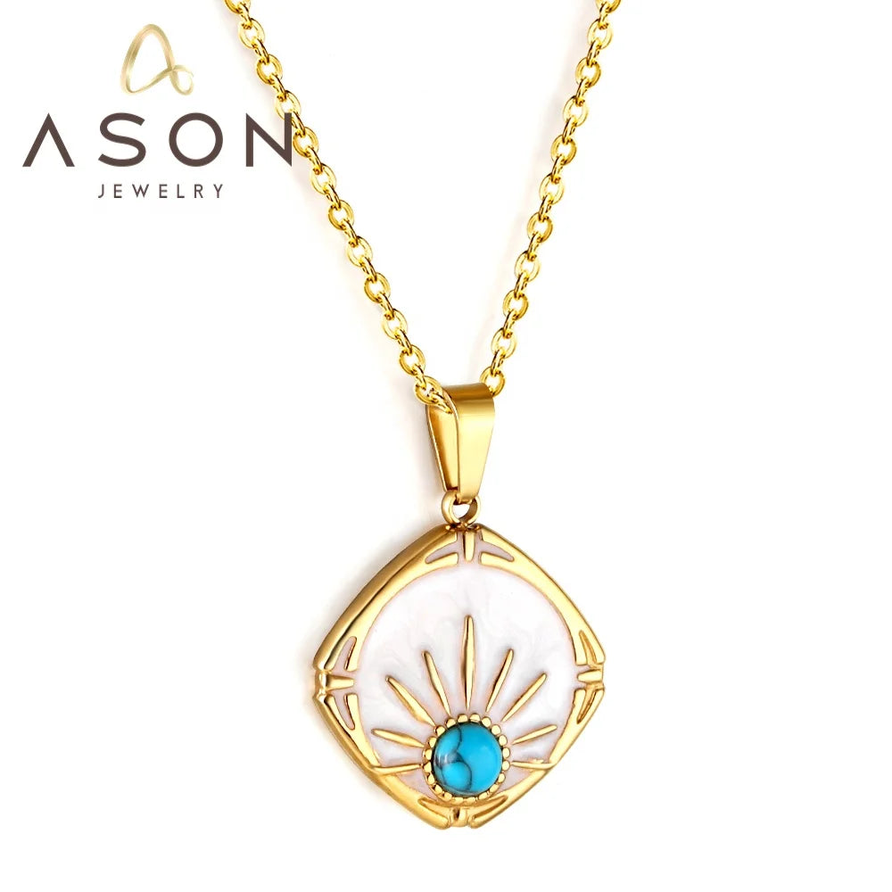 Ason Fashion Gold Color Square Charm Gift Jewelry Necklace Stainless Steel Blue Pine Stones Sun Pendant Necklace for Women