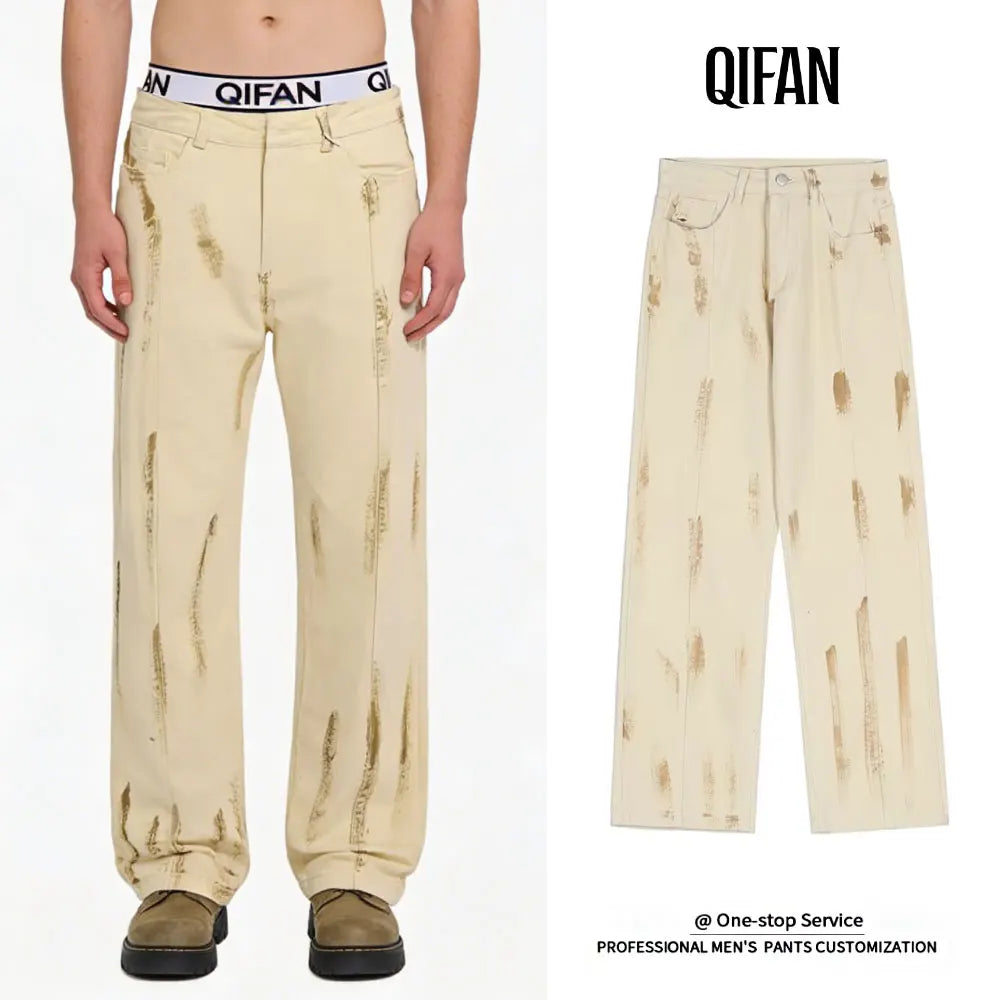 Custom Streetwear Hip Hop Denim Jeans Wide Leg Baggy Graffiti Print Twill Canvas Mud Wash Pants for Men