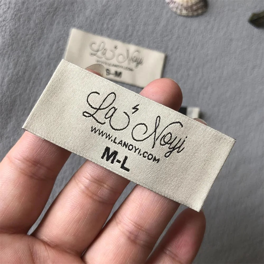 Customizable High Density Beige Polyester Woven Neck Label Washable Clothes Tag for Garments End Fold Style