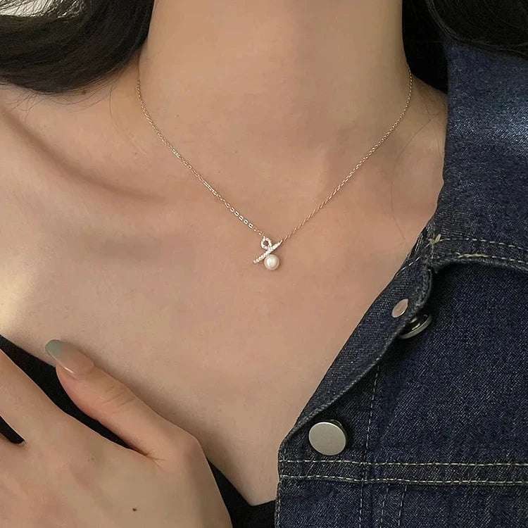 100% Love S925 Sterling Silver Pearl Collarbone Chain Necklace Symbol Design Pendant Necklace