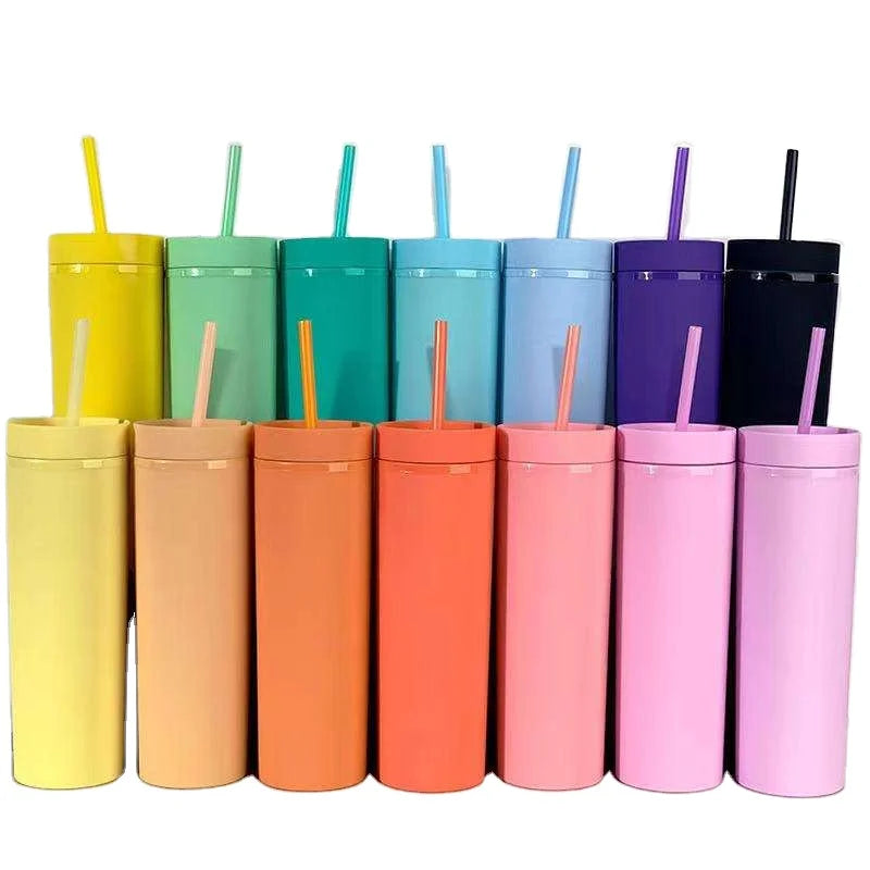 Double Wall Plastic Drinkware Straws Cup with Lids for Fruit Juice Water Bottle Festive Party Water Cup Gift