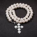 Luxury Fashion Mens Artificial Diamond Jewelry Cz Cross Pendant Pearl Necklaces Imitation 8mm Single Strand Pearl Necklace