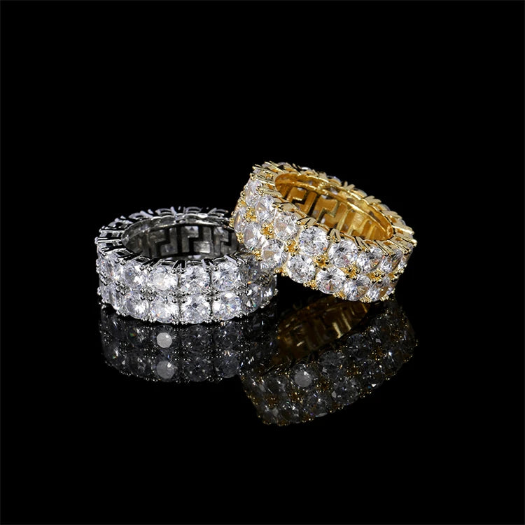 Hip Hop Stainless Steel Iced Out 2 Rows Baguette Crystal Cubic Zirconia Diamond Rings