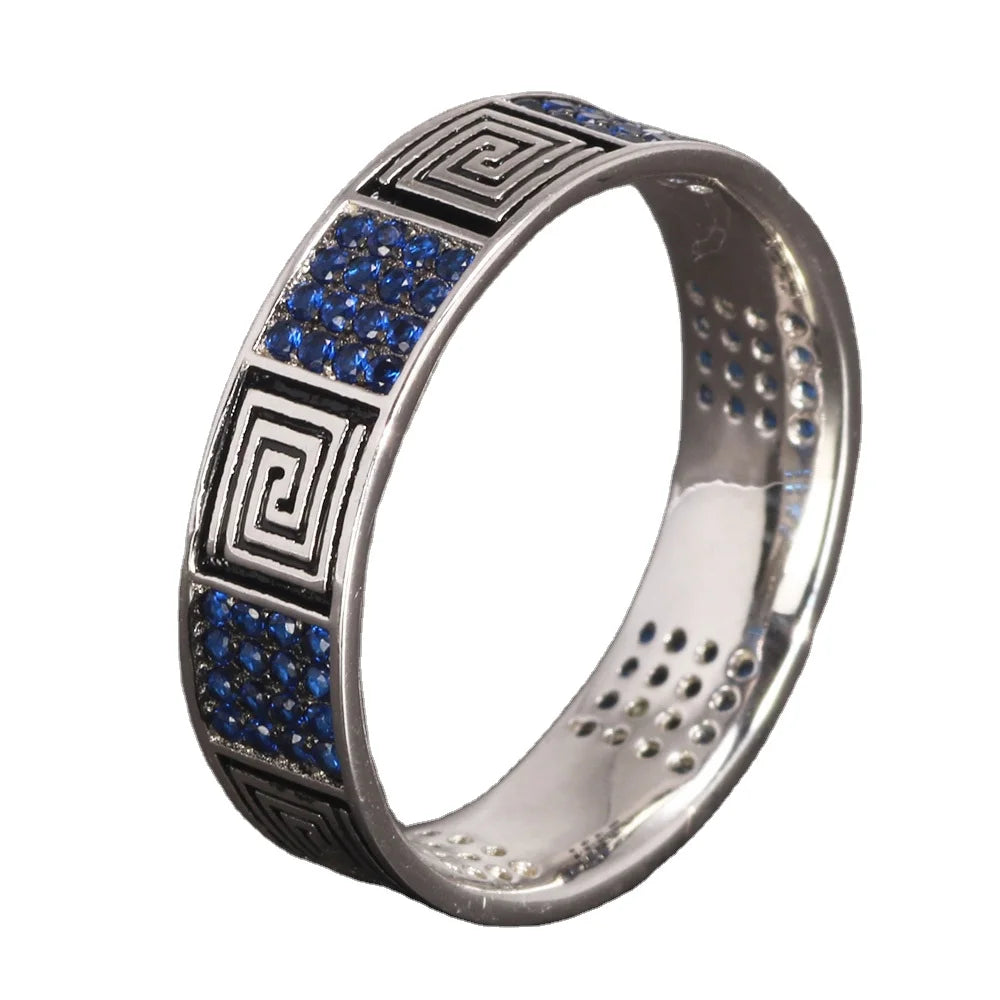 925 Sterling Silver Turkish RIngs Fret Pattern Religions Jewelry for Men and Women Inlaid With Blue Zircon Jewelry