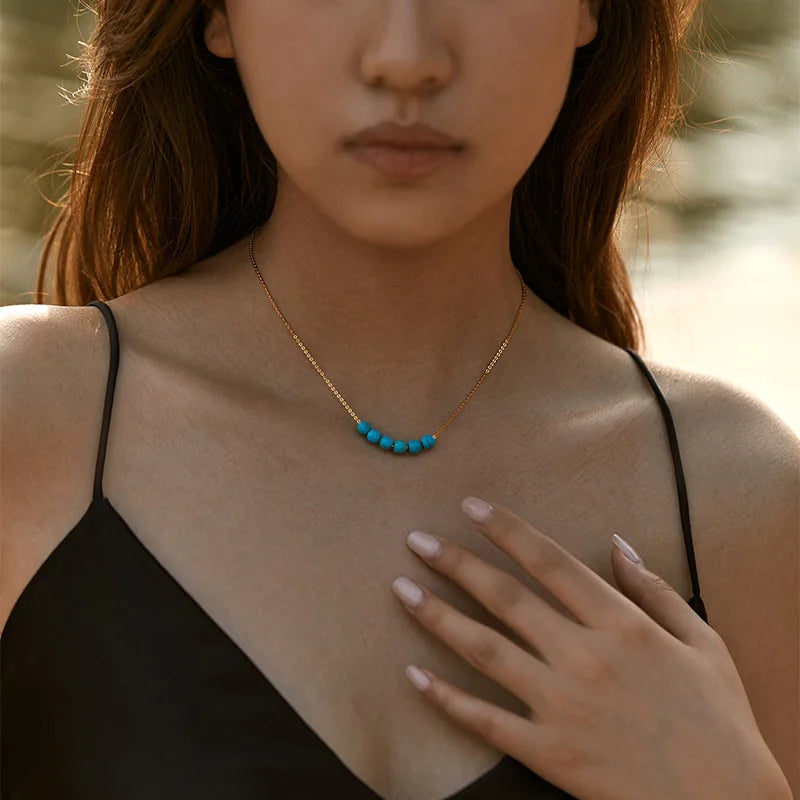 Handmade Fashion Exquisite Chain Beaded Necklace Plated 18K Gold Vintage Turquoise Necklace for Women