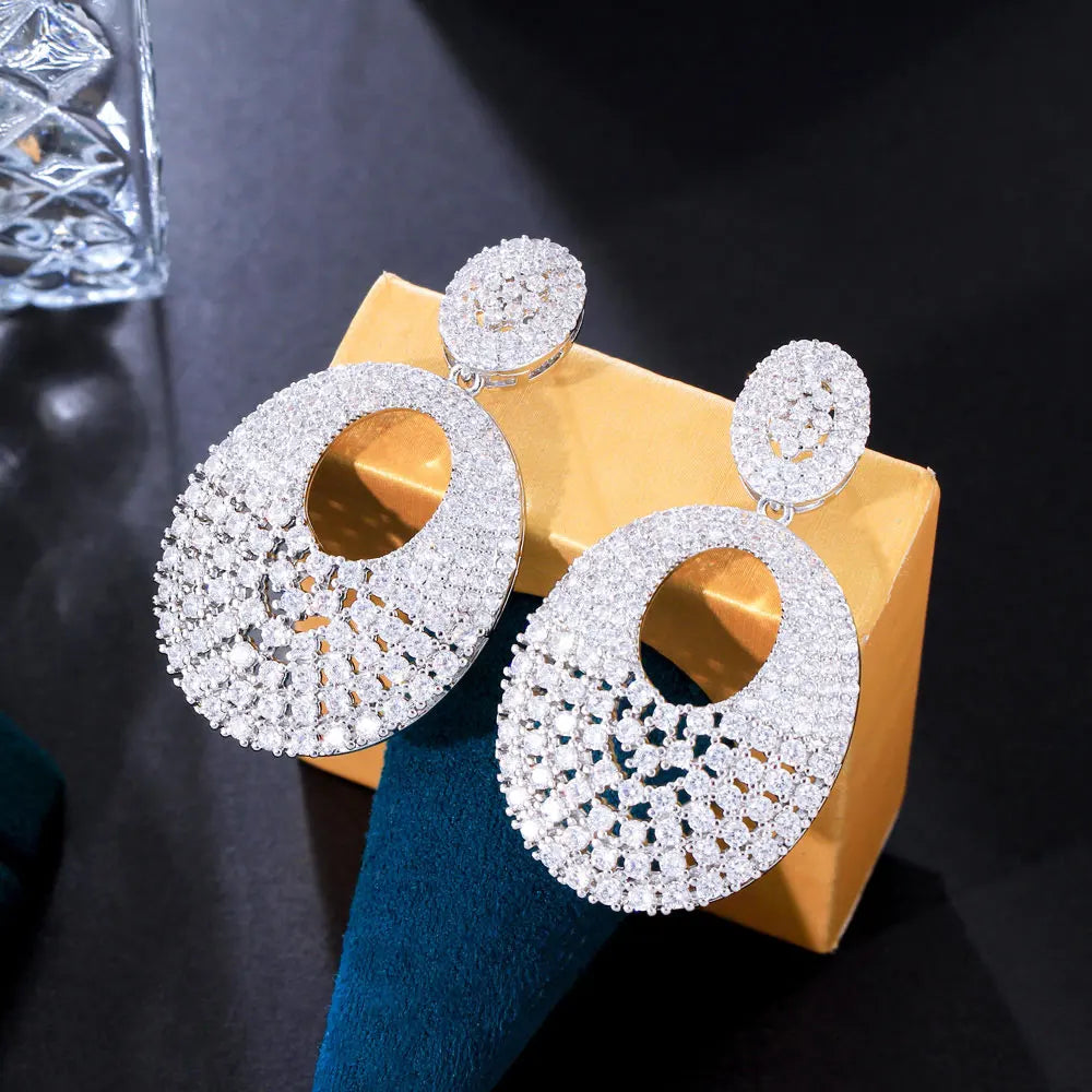 Bling White Cubic Zirconia Setting Nigerian African Big Round Dangle Drop Pageant Wedding Earrings for Women Jewelry Accessories