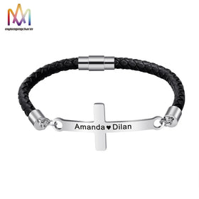 Women Men's DIY Name Engravable Magnetic Clasp Love Jesus Christ Stainless Steel Cross for Bracelet Fashion Leather for Bracelet