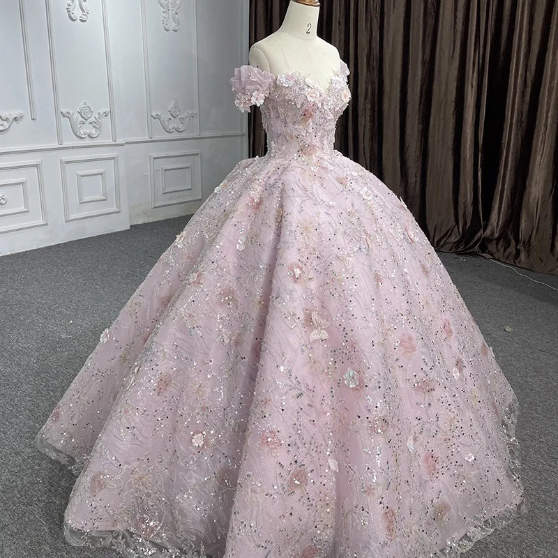 For Jancember 6571 Pink Princess Flower Quinceanera Evening Dress Off-Shoulder Beading Appliques Crystal Embroidery Natural